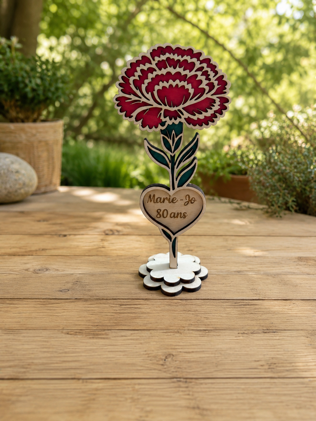 Fleurs en bois avec socle à poser pour décoration, offrir, fête des mères, fête des pères, anniversaire, mariage