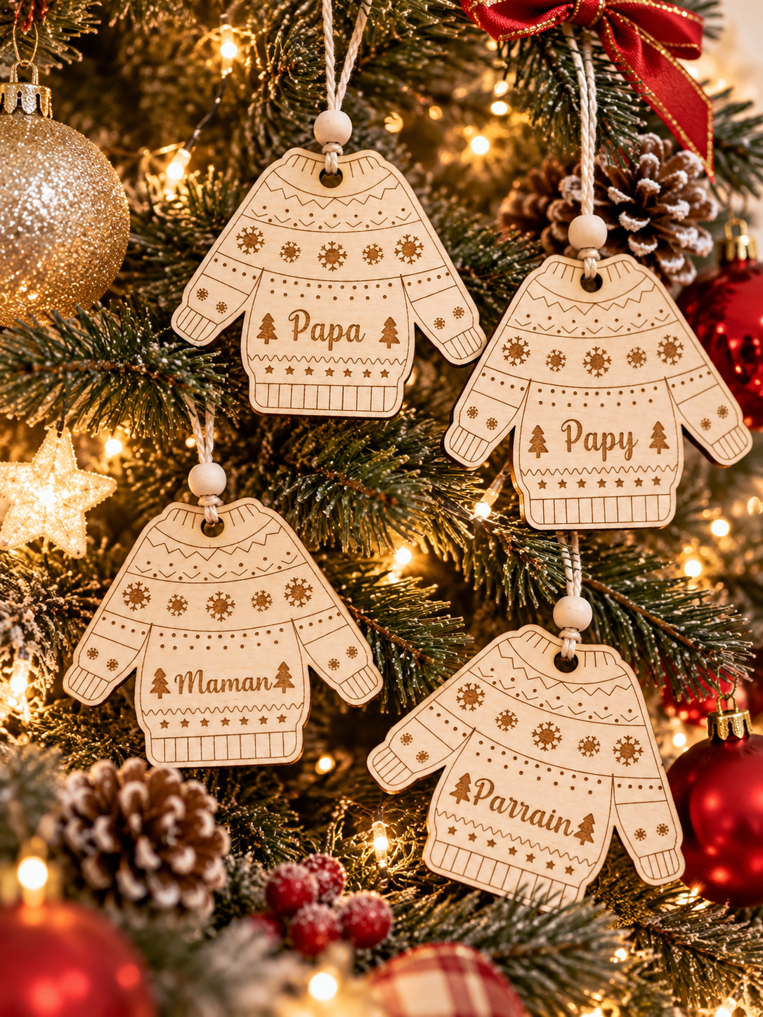 Boules de Noël personnalisées en bois version Pull