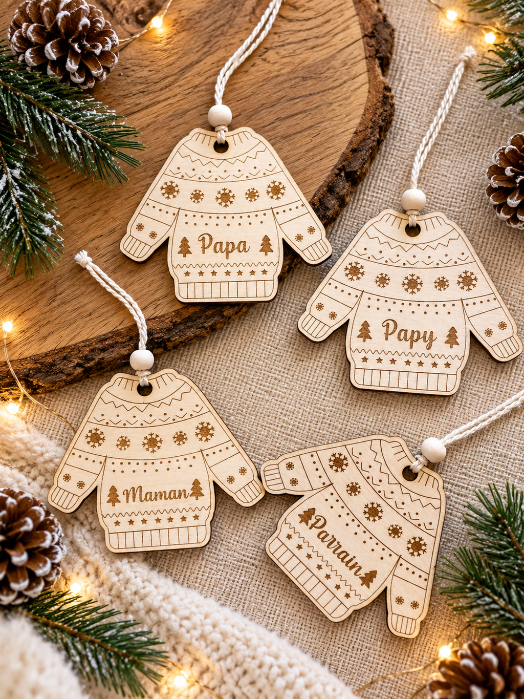 Boules de Noël personnalisées en bois version Pull