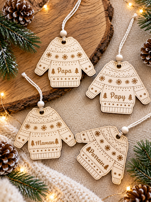 Boules de Noël personnalisées en bois version Pull
