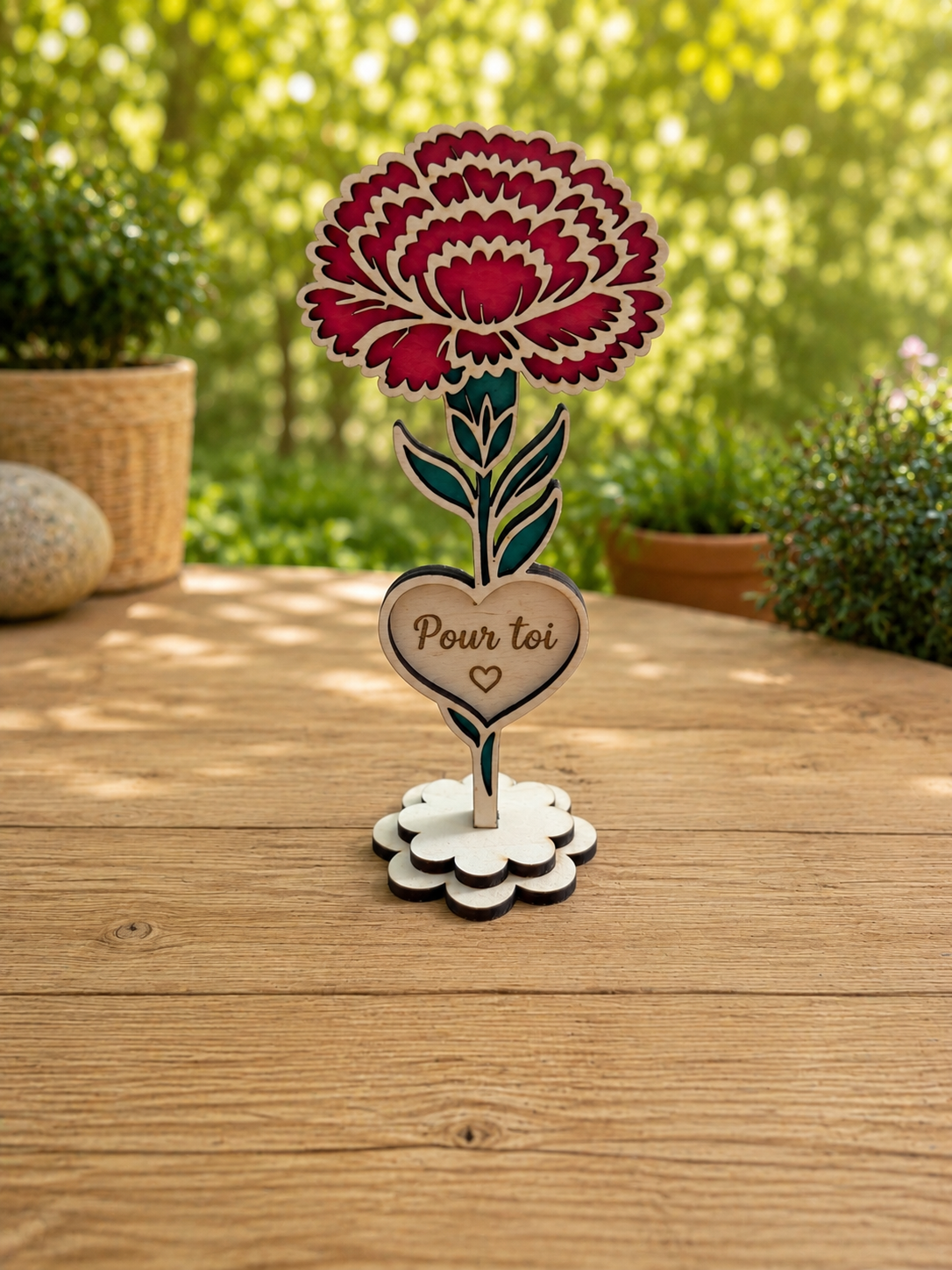 Fleurs en bois avec socle à poser pour décoration, offrir, fête des mères, fête des pères, anniversaire, mariage