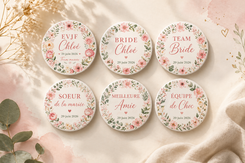 Badge personnalisé pour tout événement (anniversaire, EVJF, baptême, mariage…)