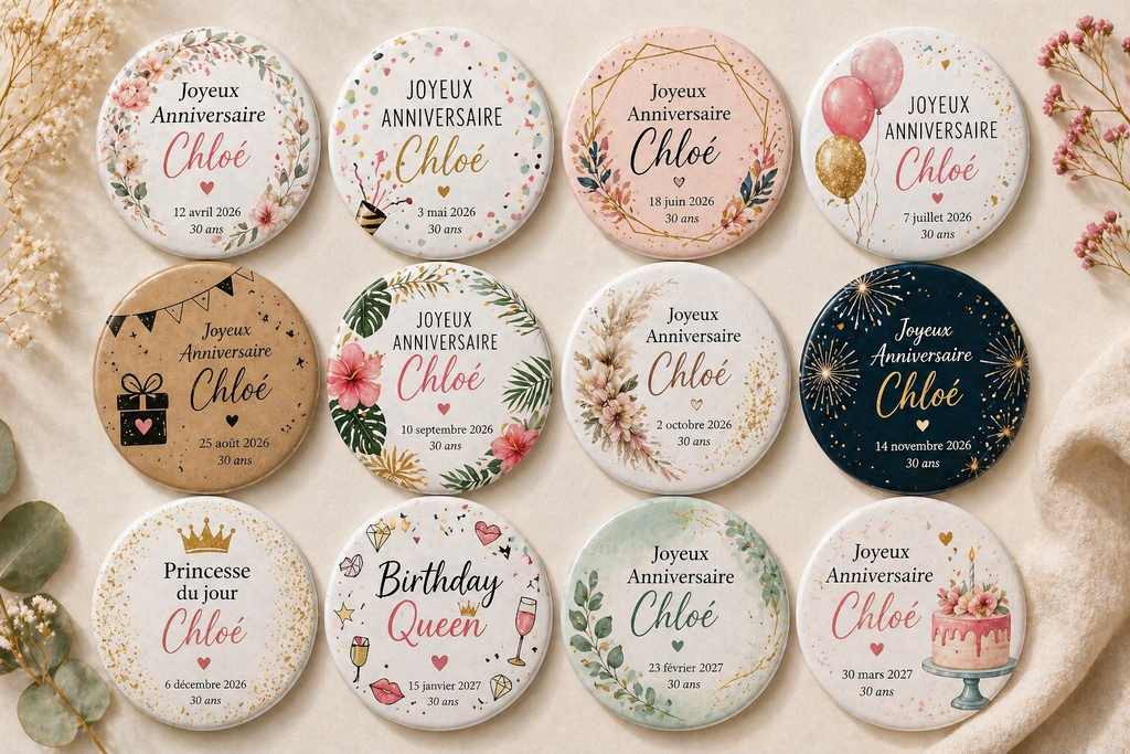 Badge personnalisé pour tout événement (anniversaire, EVJF, baptême, mariage…)