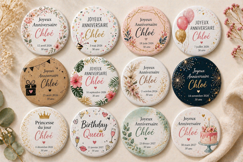 Badge personnalisé pour tout événement (anniversaire, EVJF, baptême, mariage…)