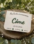 Boîte à souvenirs naissance personnalisée, prénom de l’enfant et information de naissance