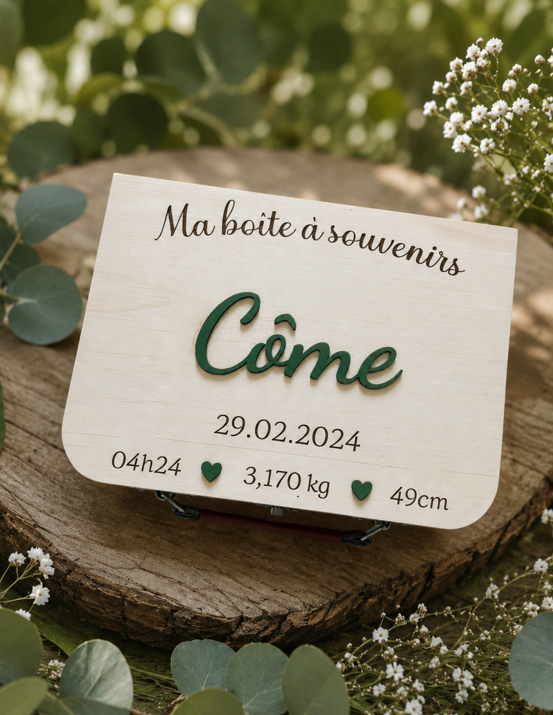 Boîte à souvenirs naissance personnalisée, prénom de l’enfant et information de naissance